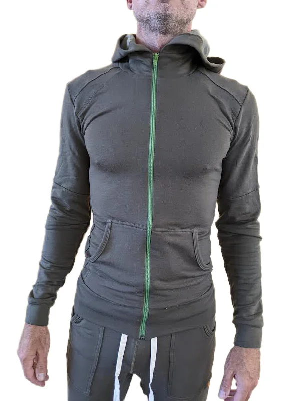 Understated Sleek **Winter Collection** Mid-Weight LUXURY-Fleece Form-fit Crossover Yoga Track Hoodie (Army Green)