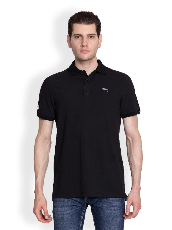 Classic Monochrome JUMP USA Men Solid  Black Polo Collar Cotton T-shirt