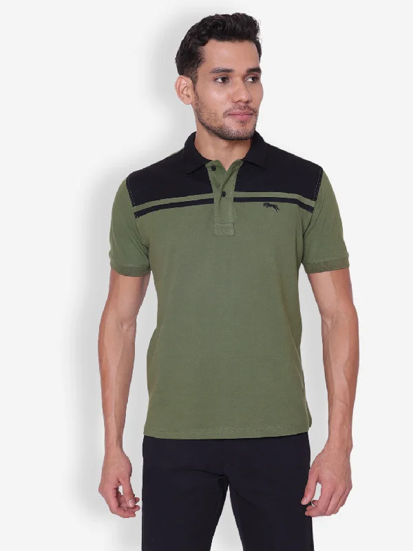 Understated Smart JUMP USA Men Solid Green & Black Polo Collar Cotton T-shirt