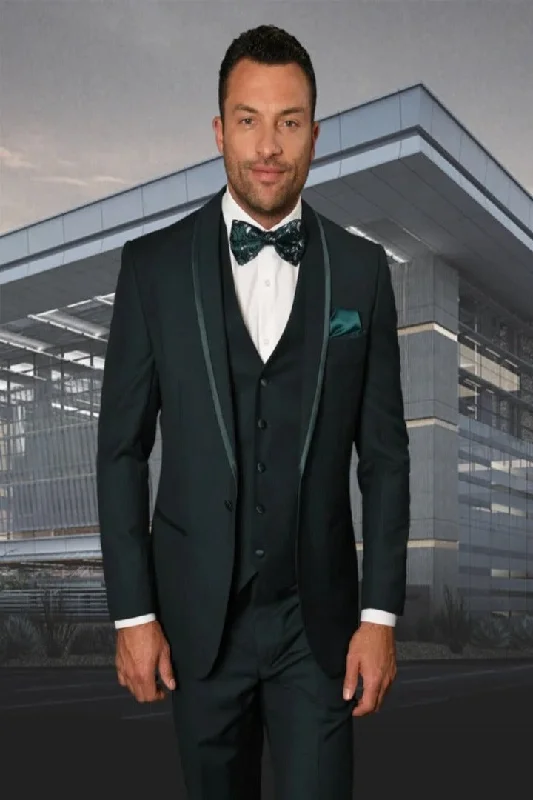 Classic Rugged Statement Men's Hunter with Trim Lapel Vested 100% Wool Tuxedo