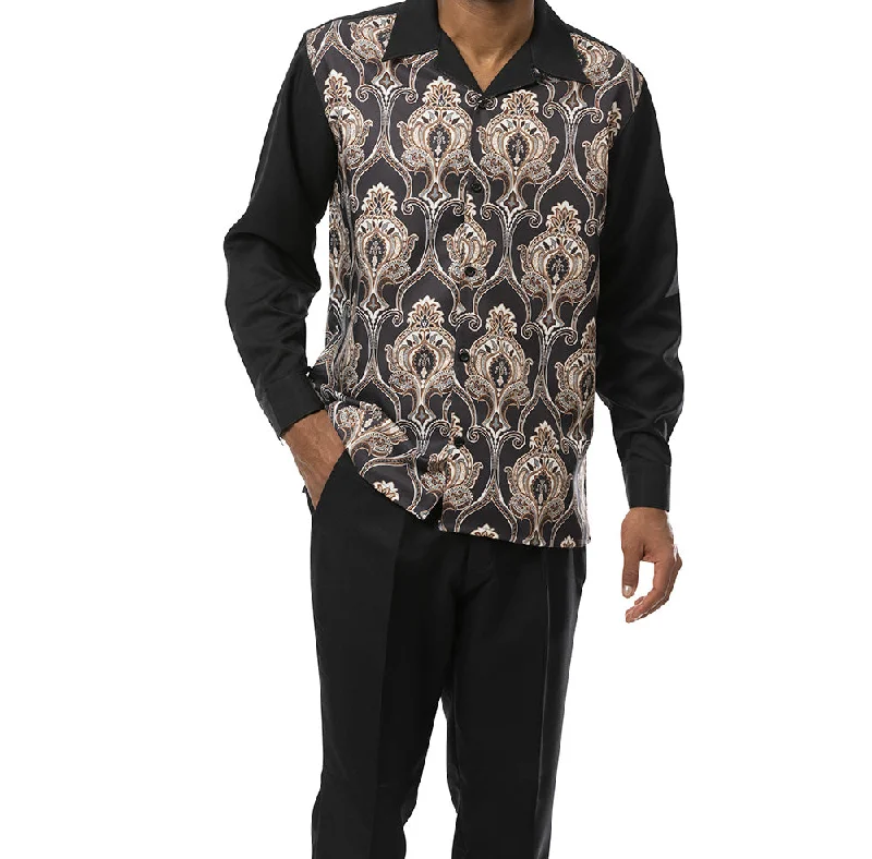 Polished Street Black Front Print Design 2 Piece Long Sleeve Walking Suit Set