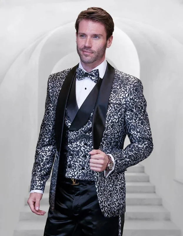 Vintage Sleek Statement Men's Black Patterned Vested Tuxedo with Bowtie