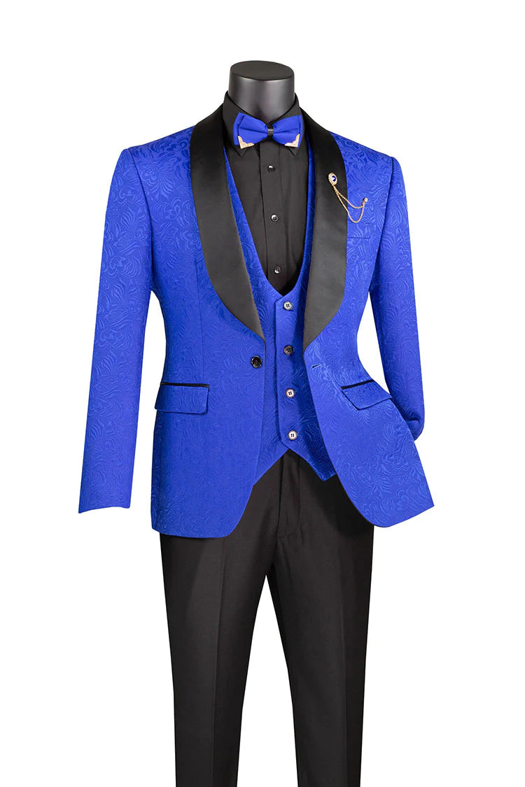Urban Edge Riverra Collection: Royal 3 Piece Jacquard Pattern Single Breasted Slim Fit Tuxedo Urban Edge Riverra Collection: Royal 3 Piece Jacquard Pattern Single Breasted Slim Fit Tuxedo