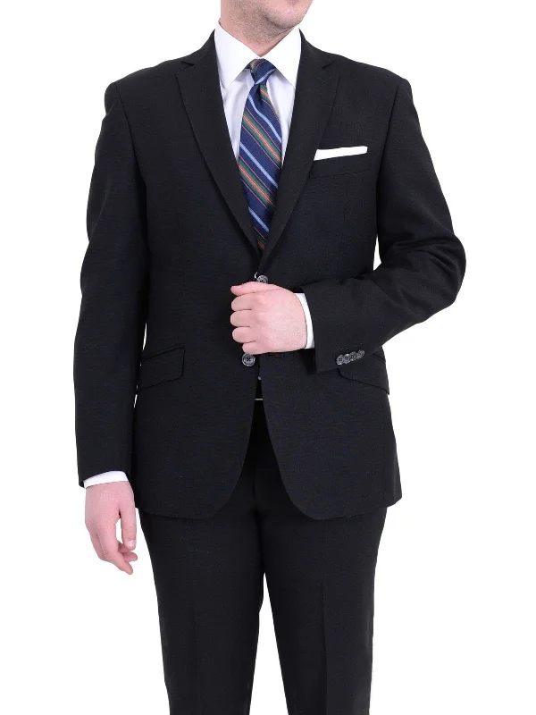 Heritage Rebel Italiano Mens Solid Black 100% Zegna Wool Slim Fit 2-Button Suit
