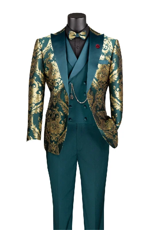 Contemporary Minimal Emerald Gold Modern Fit 3 Piece Suit with Matching Bow Tie