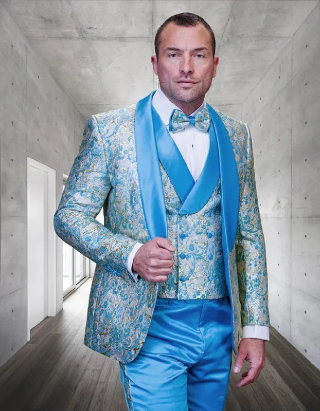 Smart Rugged Statement Men's Turquoise Patterned Vested Tuxedo with Bowtie