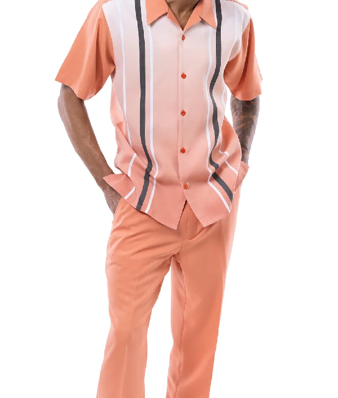Chic Polished Apricot Gradient Color with Stripes Walking Suit 2 Piece Short Sleeve Set Chic Polished Apricot Gradient Color with Stripes Walking Suit 2 Piece Short Sleeve Set