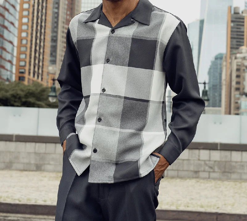 Minimal Classic Gray Tone-on-Tone Windowpane 2 Piece Long Sleeve Walking Suit Set