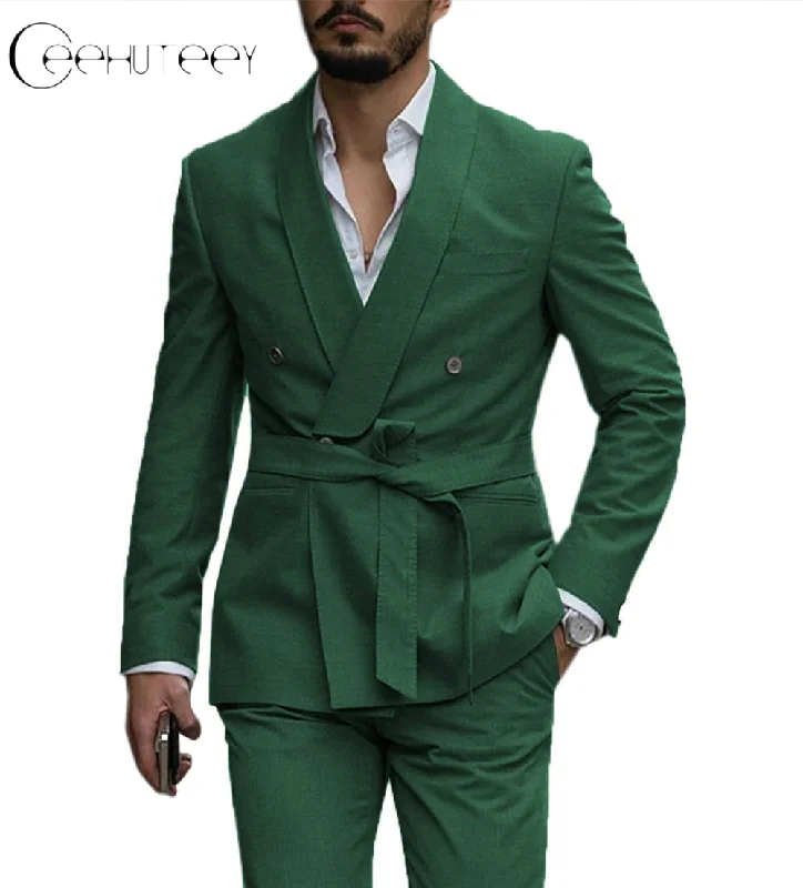 Retro Street Casual Mens Suit Double Breasted Shawl Lapel 2 Pieces (Blazer+Pants)