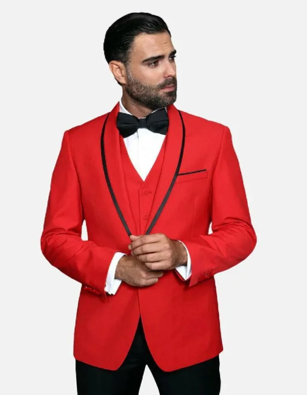 Minimal Timeless Statement Men's Red Vested with Black Trim Fine Lapel 100% Wool Tuxedo Minimal Timeless Statement Men's Red Vested with Black Trim Fine Lapel 100% Wool Tuxedo