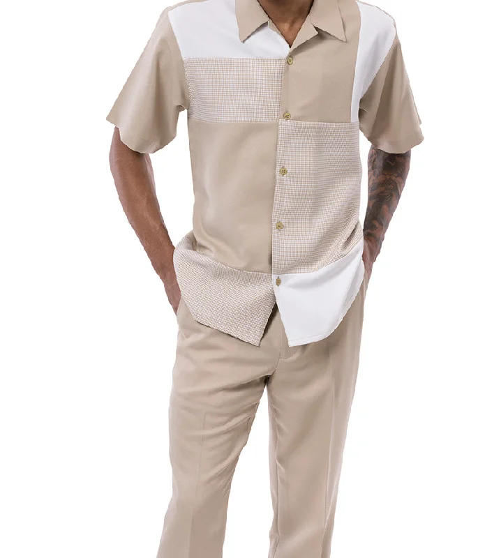 Chic Smart Khaki Color Block Tone-on-tone Walking Suit 2 Piece Short Sleeve Set