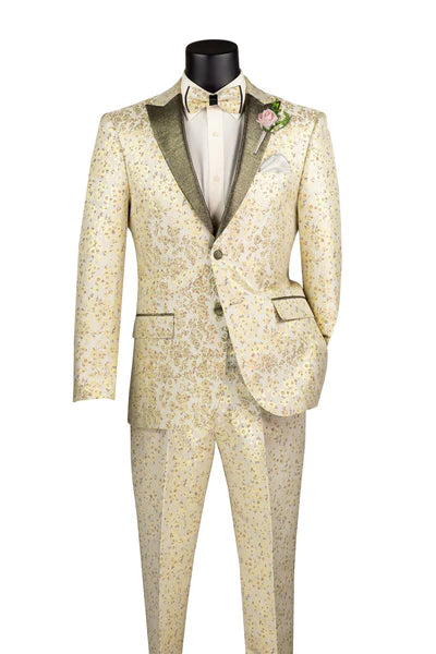 Relaxed Street Eldoria Collection: Champagne 2 Piece Jacquard Fabric Single Breasted Slim Fit Tuxedo Relaxed Street Eldoria Collection: Champagne 2 Piece Jacquard Fabric Single Breasted Slim Fit Tuxedo