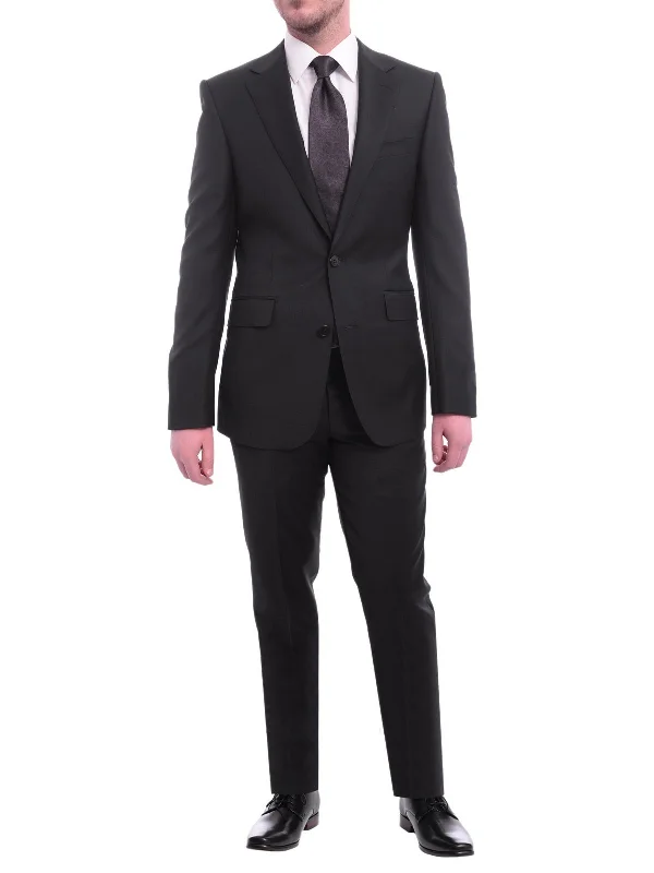 Understated Sleek Blujacket Mens Solid Black Wool Cashmere Regular Fit 2-piece Suit Understated Sleek Blujacket Mens Solid Black Wool Cashmere Regular Fit 2-piece Suit