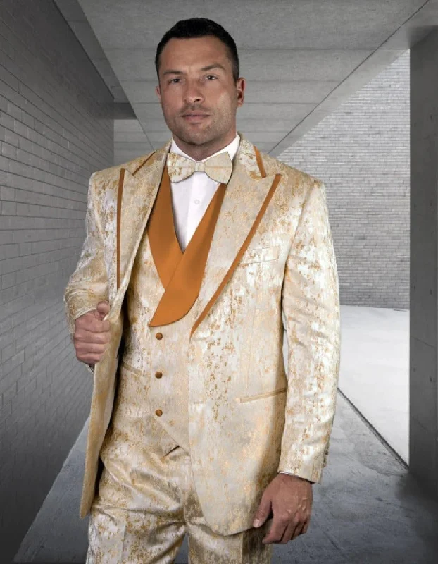 Heritage Relaxed Statement Men's Gold Jacquard Vested Tuxedo with Pleated Pants