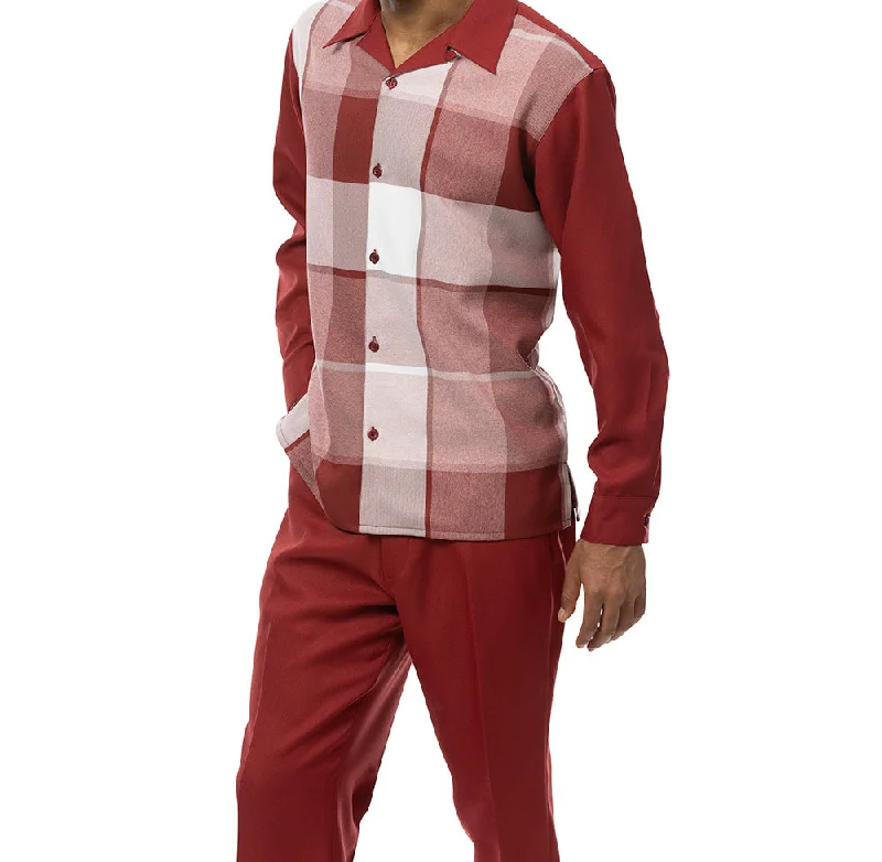 Sleek Rugged Burgundy Tone-on-Tone Windowpane 2 Piece Long Sleeve Walking Suit Set