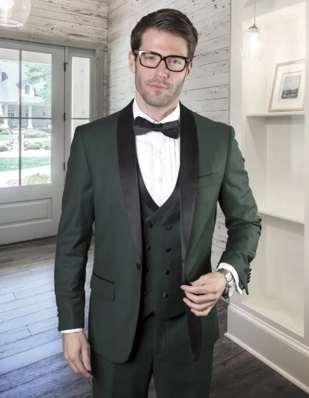 Sophisticated Rugged Statement Men's Hunter Green Vested Tuxedo With Black Trim Shawl Lapel Sophisticated Rugged Statement Men's Hunter Green Vested Tuxedo With Black Trim Shawl Lapel