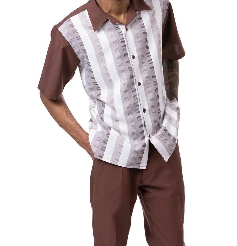 Modern Cool Brown Color Striped Walking Suit 2 Piece Short Sleeve Set