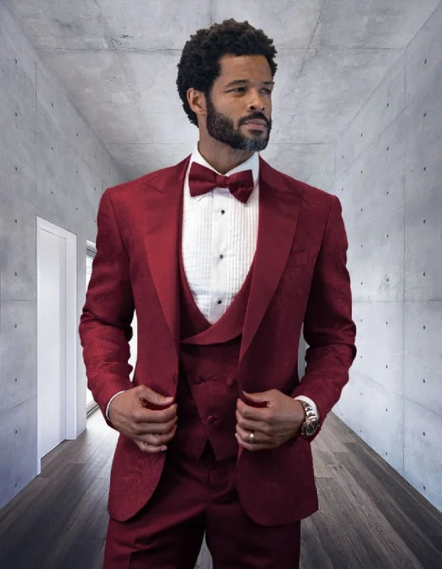 Smart Edge Statement Men's Burgundy Patterned Vested Tuxedo with Bowtie