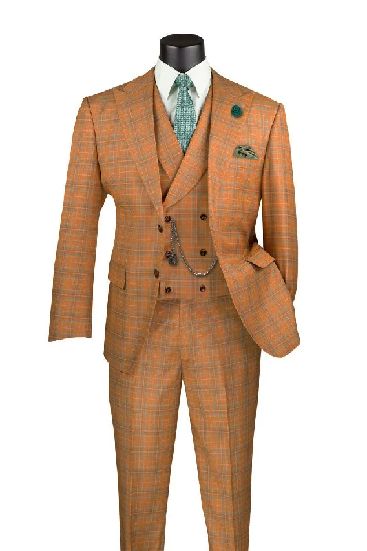 Contemporary Edge Orange Modern Fit Windowpane Peak Lapel 3 Piece Suit