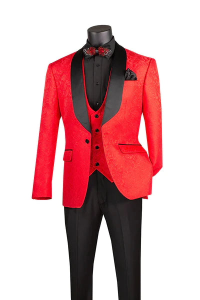 Street Chic Riverra Collection: Red 3 Piece Jacquard Pattern Single Breasted Slim Fit Tuxedo Street Chic Riverra Collection: Red 3 Piece Jacquard Pattern Single Breasted Slim Fit Tuxedo