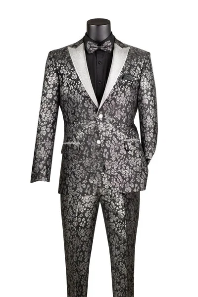 Heritage Cool Eldoria Collection: Black 2 Piece Jacquard Fabric Single Breasted Slim Fit Tuxedo Heritage Cool Eldoria Collection: Black 2 Piece Jacquard Fabric Single Breasted Slim Fit Tuxedo