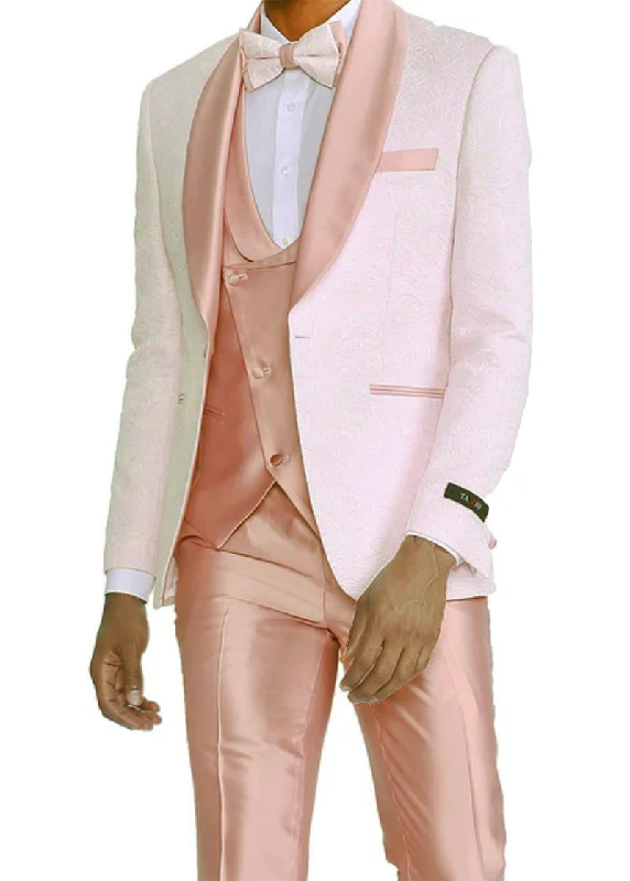 Vintage Luxe Rose Gold Pink Slim Fit Tuxedo 4 Piece with Satin Shawl Collar Beveled Designed Vest Vintage Luxe Rose Gold Pink Slim Fit Tuxedo 4 Piece with Satin Shawl Collar Beveled Designed Vest
