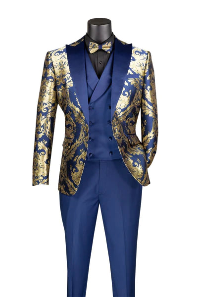 Urban Luxe Province Collection: Navy 3 Piece Jacquard Fabric Single Breasted Modern Fit Suit Urban Luxe Province Collection: Navy 3 Piece Jacquard Fabric Single Breasted Modern Fit Suit