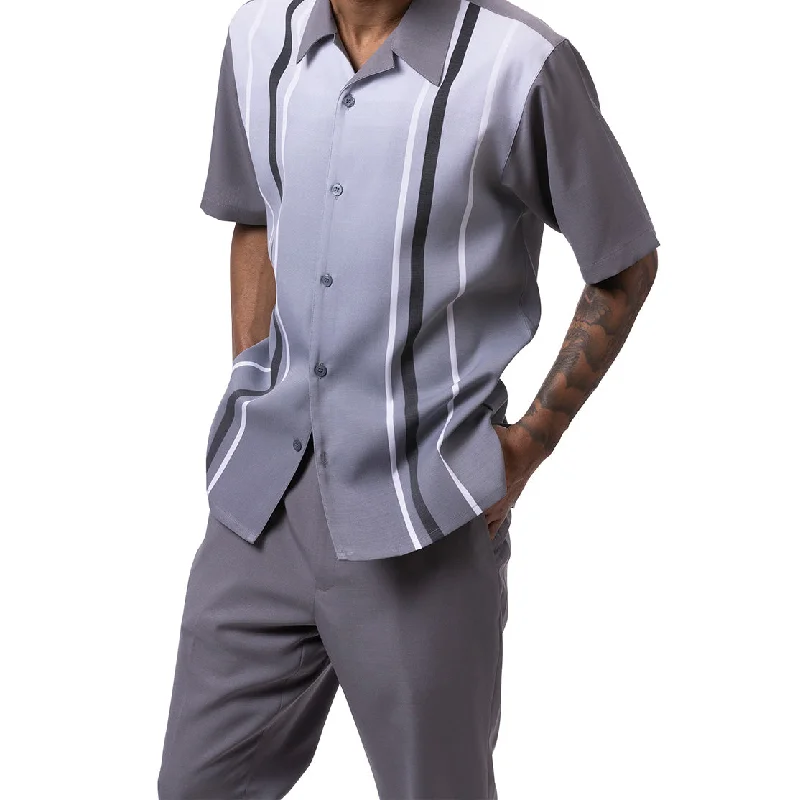 Minimalist Street Gray Gradient Color with Stripes Walking Suit 2 Piece Short Sleeve Set Minimalist Street Gray Gradient Color with Stripes Walking Suit 2 Piece Short Sleeve Set