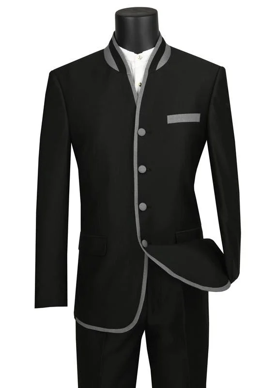 Retro Monochrome Oriental Collection - Banded Collar Slim Fit Suit Shiny Sharkskin 2 Piece Black Retro Monochrome Oriental Collection - Banded Collar Slim Fit Suit Shiny Sharkskin 2 Piece Black