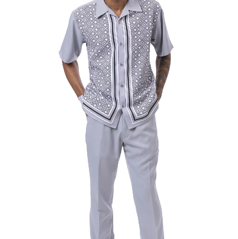 Relaxed Chic Gray Mini Windowpane Walking Suit 2 Piece Short Sleeve Set