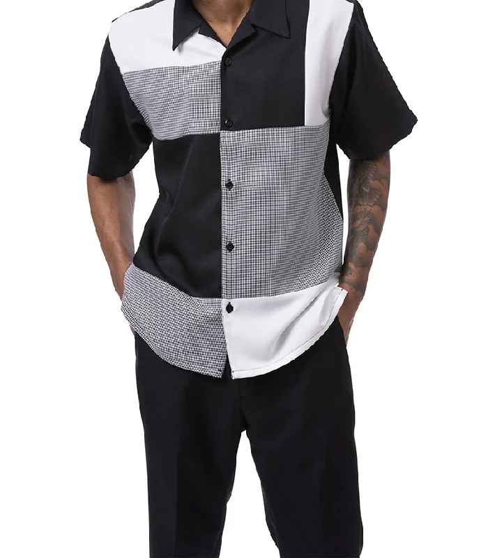 Sleek Heritage Black Color Block Tone-on-tone Walking Suit 2 Piece Short Sleeve Set