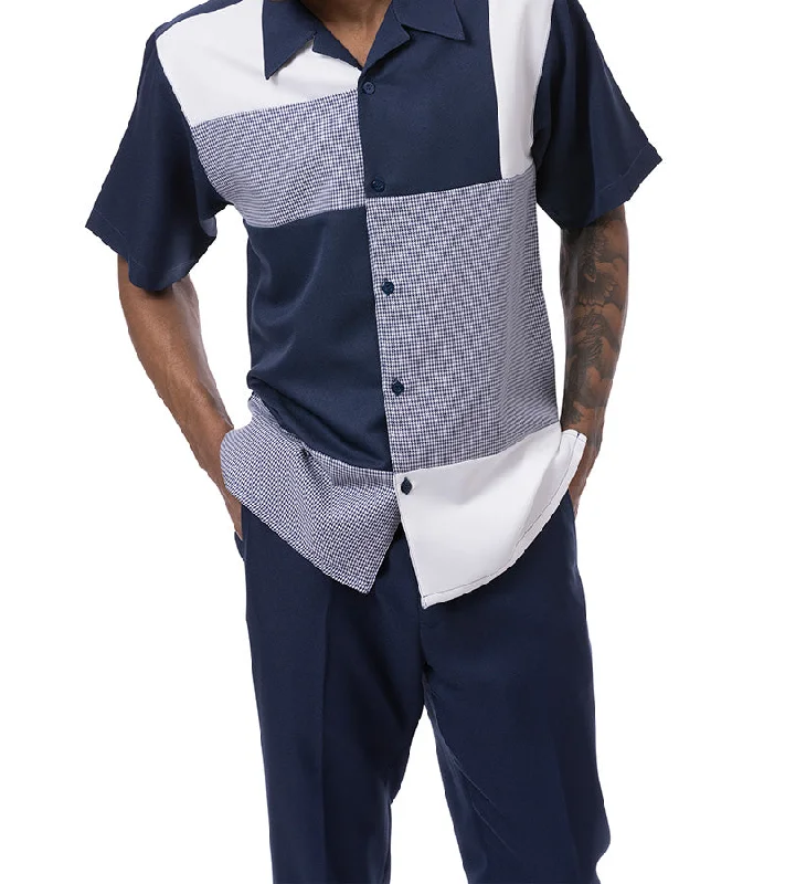 Understated Rugged Navy Color Block Tone-on-tone Walking Suit 2 Piece Short Sleeve Set Understated Rugged Navy Color Block Tone-on-tone Walking Suit 2 Piece Short Sleeve Set