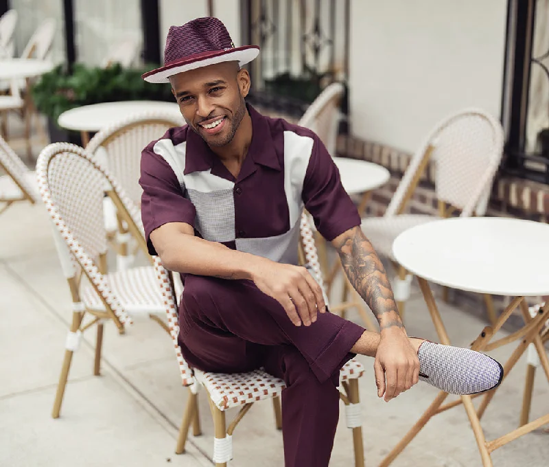 Contemporary Cool Wine Color Block Tone-on-tone Walking Suit 2 Piece Short Sleeve Set Contemporary Cool Wine Color Block Tone-on-tone Walking Suit 2 Piece Short Sleeve Set