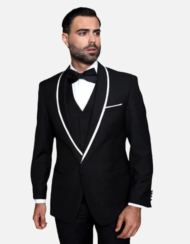 Casual Minimal Statement Men's Black with White Lapel Vested 100% Wool Tuxedo
