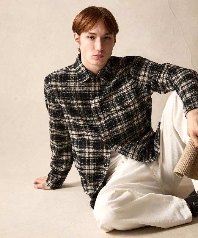 Understated Luxury Fashion Tops Wool Plaid Utility Shirt Jacket in Black