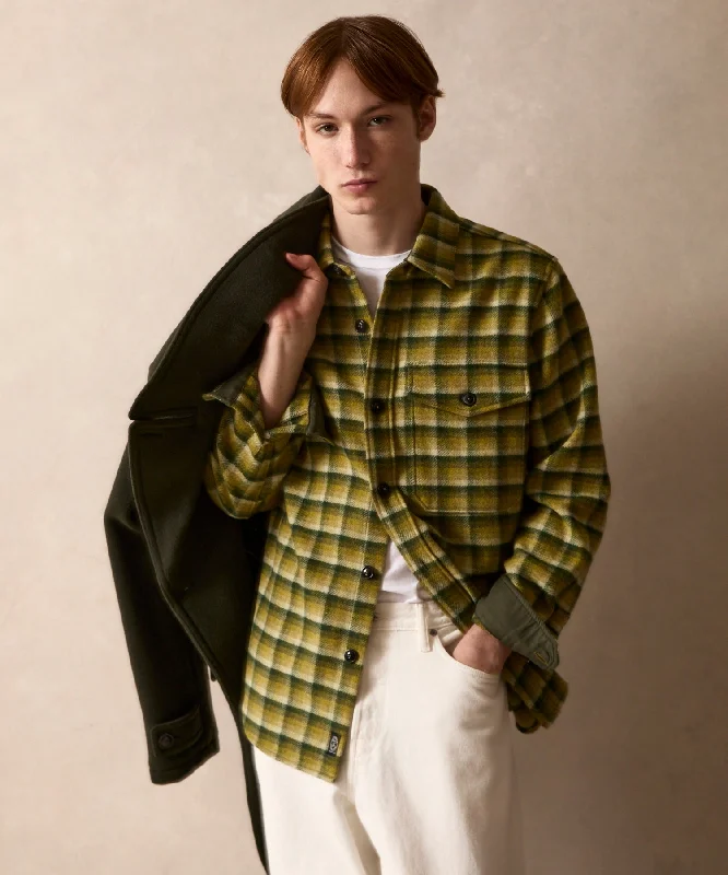 Sleek Modern Relaxed Styles Wool Plaid Utility Shirt Jacket in Chartreuse