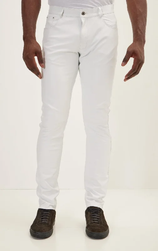Sleek Modern Designer Casuals Genuine Lambskin Leather Pants - White