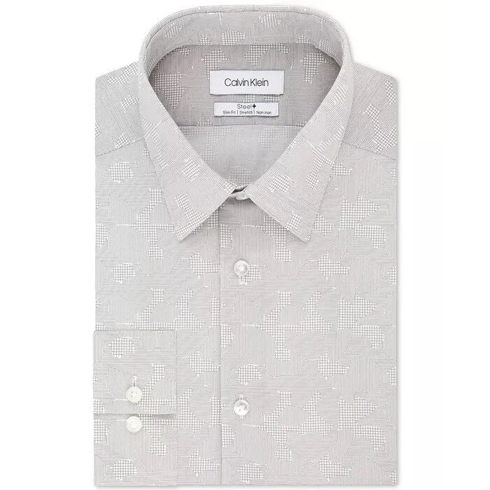 Casual Rebel Summer Wear Calvin Klein Men's Slim-Fit Performance Stretch Print Dress Shirt Gray Size 15X32-33 Casual Rebel Summer Wear Calvin Klein Men's Slim-Fit Performance Stretch Print Dress Shirt Gray Size 15X32-33