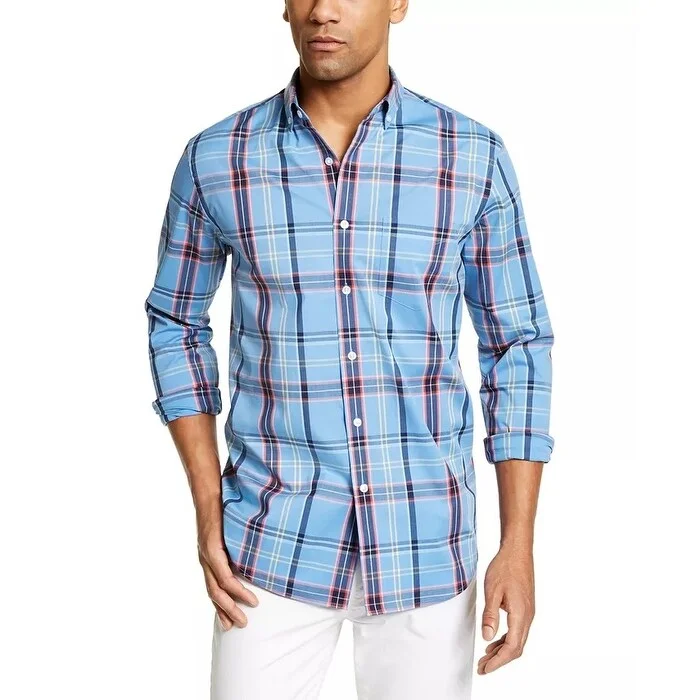Retro Casual Simple Styles Club Room Men's Plaid Shirt Navy Size X-Large