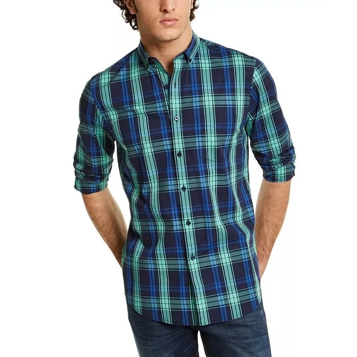 Casual Sleek Urban Outfits Club Room Men's Regular Fit Quick Dry Stretch Plaid Shirt Green Size S - Small