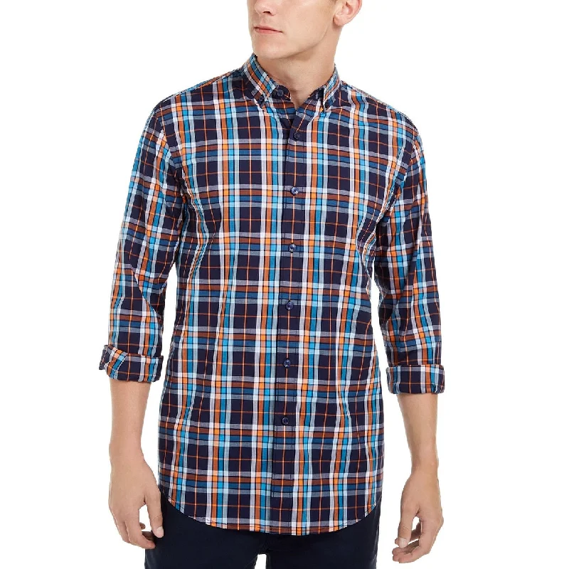 Retro Relaxed Everyday Look Club Room Men's Stretch Plaid Shirt Blue Size X-Large