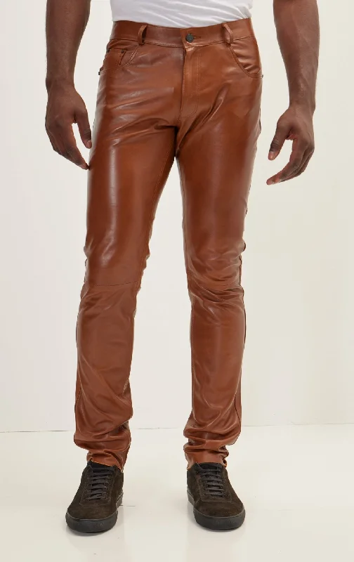 Contemporary Minimal Smart Suits Genuine Lambskin Leather Pants - Brown