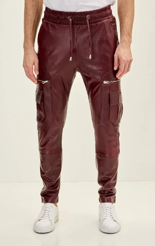 Modern Minimal Smart Tops Men's Genuine Leather Destination Joggers - Burgundy