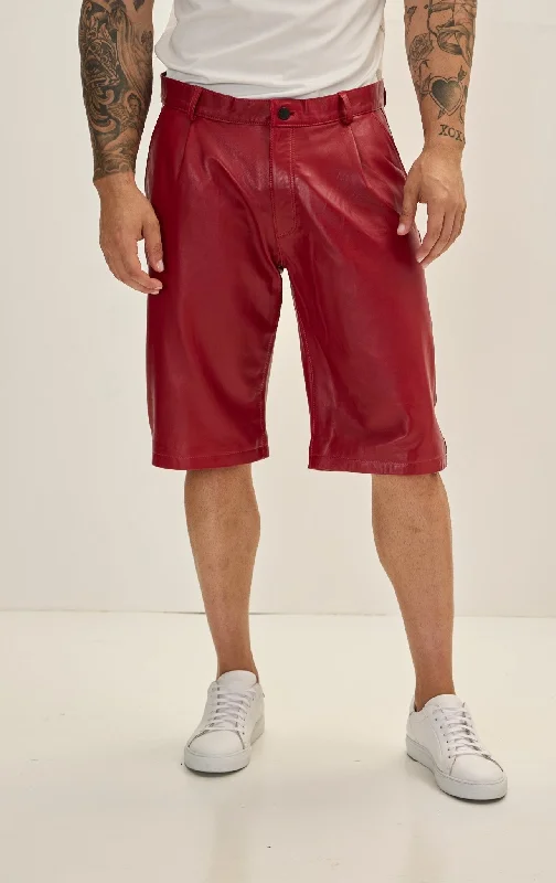 Street Minimal Sporty Designs Genuine Lambskin Leather Shorts - Red