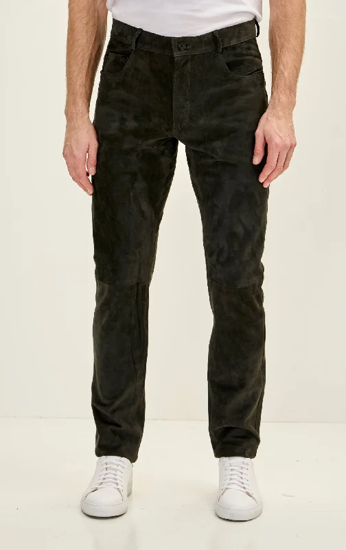 Timeless Minimal Relaxed Fit Clothing Men's Genuine Lambskin Fitted Suede Pants - Khaki
