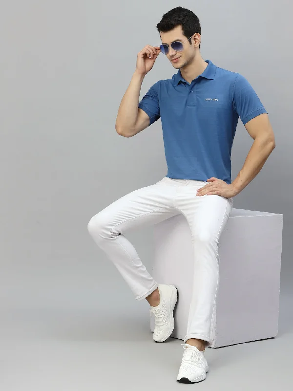 Contemporary Classic Sports Gear JUMP USA Men Blue Solid Polo Collar Sports T-Shirt Contemporary Classic Sports Gear JUMP USA Men Blue Solid Polo Collar Sports T-Shirt