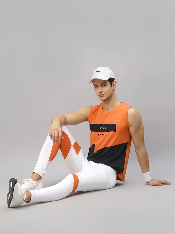 Heritage Cool Chic Outfits JUMP USA Men Orange & Navy Blue Printed Polyester Sleeveless Tank T-shirt Heritage Cool Chic Outfits JUMP USA Men Orange & Navy Blue Printed Polyester Sleeveless Tank T-shirt