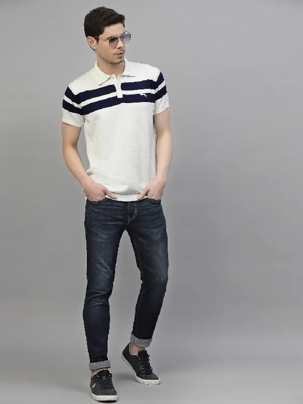 Smart Contemporary Casual Fits JUMP USA Men White & Navy Blue Polo Collar Pure Cotton T-Shirt Smart Contemporary Casual Fits JUMP USA Men White & Navy Blue Polo Collar Pure Cotton T-Shirt