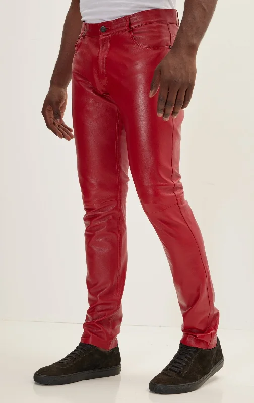 Relaxed Street Sporty Wear Genuine Lambskin Leather Pants - Red
