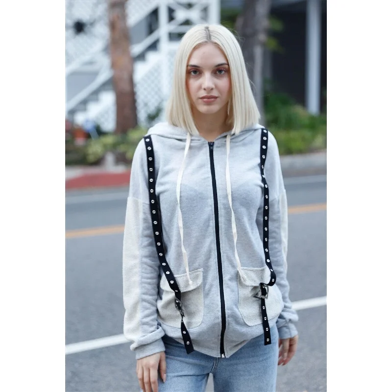 Chic Relaxed All-Day Wear Long Sleeve Grey Belt and Reversed Details Zip-up Hooded Sweater Chic Relaxed All-Day Wear Long Sleeve Grey Belt and Reversed Details Zip-up Hooded Sweater